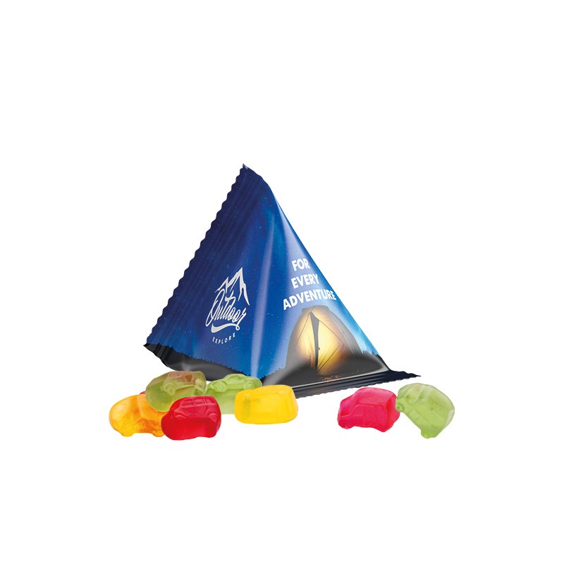 Fruchtgummi Tetraeder, Folie weiß, Trolli Fruchtgummi Auto-Mischung, 10% Fruchtsaft